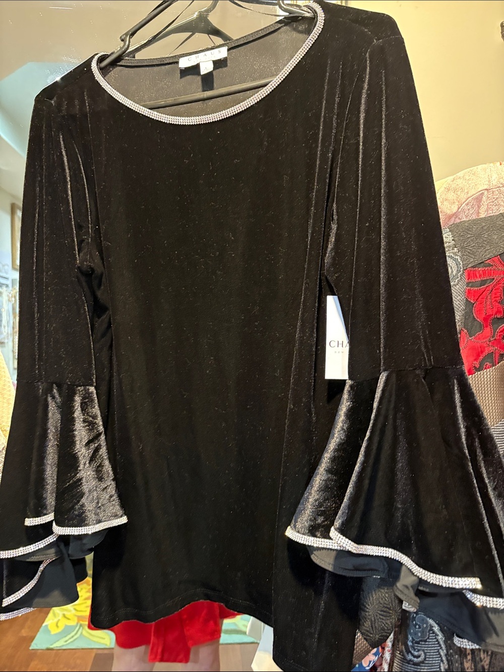 Chaus Black Velvet Tunic with Rhinestone-Trimmed Bell Sleeves